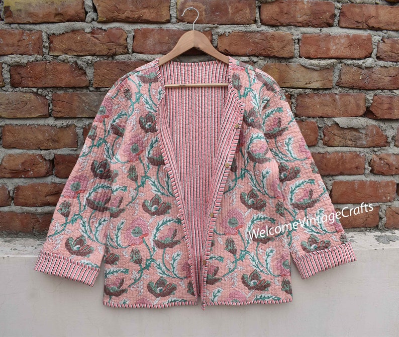 Cotton Quilted Jacket Women Wear Front Open Kimono Stripe piping HandMade Vintage Quilted Jacket , Coats , New Style, Boho double side wear Pink