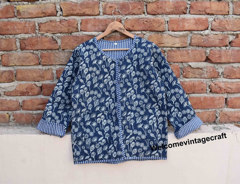 Cotton Quilted Jacket Women Wear Front Open Kimono Stripe piping HandMade Vintage Quilted Jacket , Coats , New Style, Boho double side wear zdjęcie 7