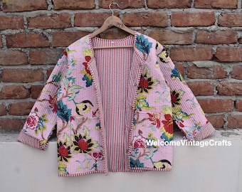 Veste matelassée en coton rose pour femme, ouvert sur le devant, passepoil à rayures kimono, passepoilé vintage fait main, manteaux, nouveau style, vêtements bohèmes double face