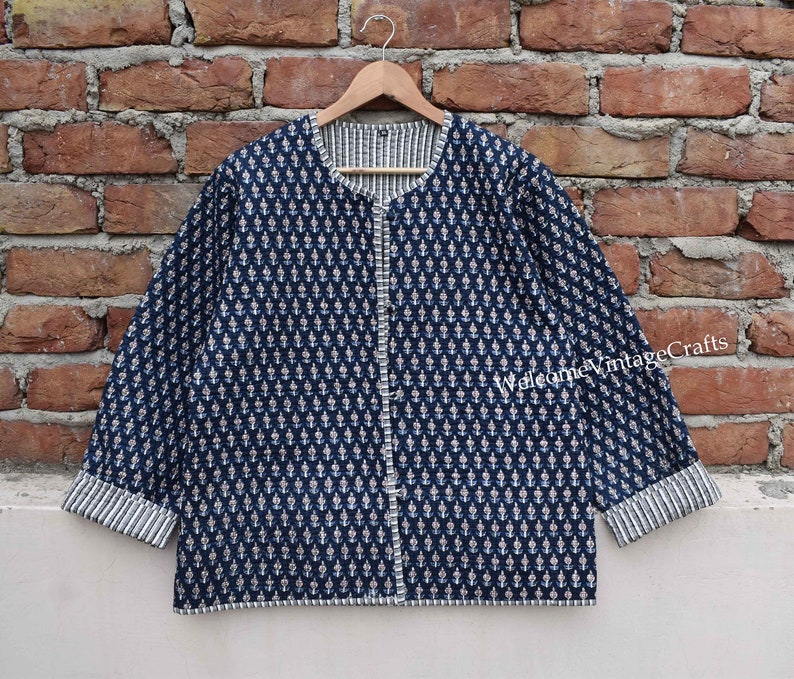 Baumwoll-Steppjacke Frauen tragen vorne offene Kimono-Streifenpaspel Handgefertigte Vintage-Steppjacke, Mäntel, neuer Stil, Boho-Doppelseite tragen Bild 7