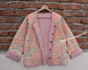 rosa Baumwolle gesteppte Jacke Frauen tragen vorne offene Kimono Streifen handgefertigte Vintage gesteppte Jacke, Mäntel, neuer Stil, Boho doppelseitige Abnutzung