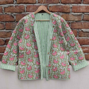 Cotton Quilted Jacket Women Wear Front Open Kimono Stripe piping HandMade Vintage Quilted Jacket , Coats , New Style, Boho double side wear image 1