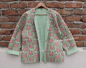 Cotton Quilted Jacket Women Wear Front Open Kimono Stripe piping HandMade Vintage Quilted Jacket , Coats , New Style, Boho double side wear