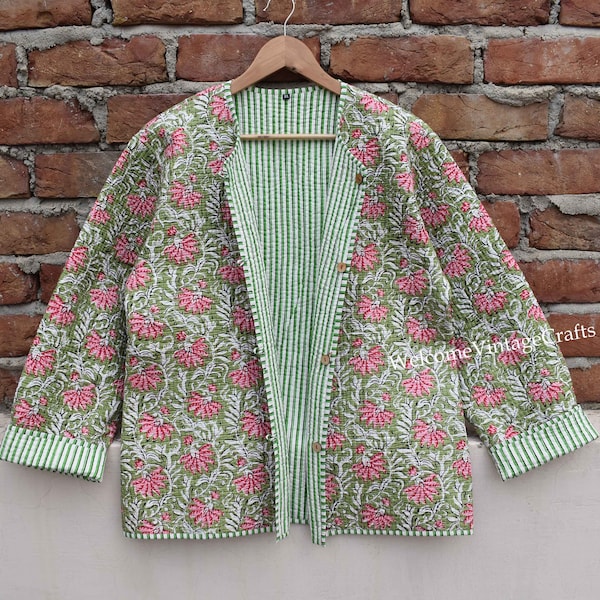 Cotton Quilted Jacket Women Wear Front Open Kimono Stripe piping HandMade Vintage Quilted Jacket , Coats , New Style, Boho double side wear