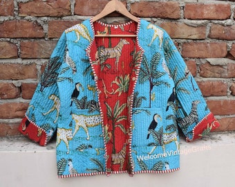 Doppelseitige Baumwoll-Steppjacke Frauen tragen vorne offene Kimono-Streifenpaspel Handgefertigte Vintage-Steppjacke, Mäntel, Boho-Kantha-Mantelbomber