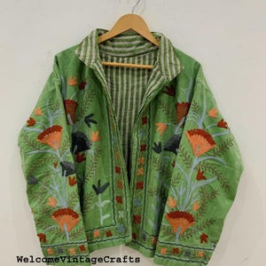 Green Embroidery floral Jackets Velvet inner Cotton Bohemian Style Winter Coat Street wear Bomber Boho Reversible Jacket for Women fashion Light Green
