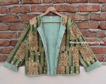 Green Tiger Cotton Quilted Jacket Weste Frauen Front Open Kimono Stripe Paspeln Handgefertigte Vintage Steppjacke, Mäntel doppelseitig Reversible