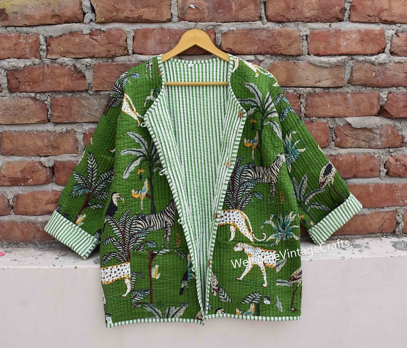 Cotton Quilted Jacket Women Wear Front Open Kimono Stripe piping HandMade Vintage Quilted Jacket , Coats , New Style, Boho double side wear Green jungle safari