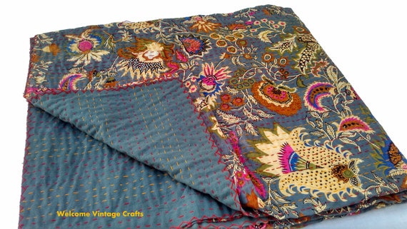 Cotton Kantha Quilt Flower Print Bohemian Grey Bedding Throw Twin /& King Blanket