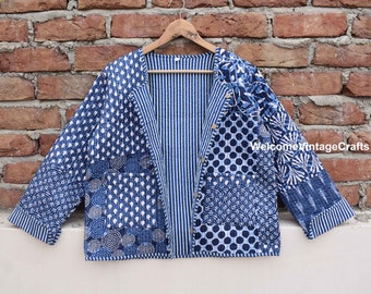 Schwarz Blau Patch Baumwolle Steppjacke Weste Damen vorne offen Kimono Streifen handgemachte Vintage Steppjacke, Mäntel doppelseitig wendbar