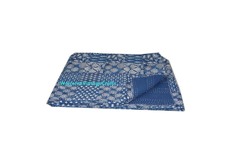 Patchwork Quilt Indigo block print Kantha Quilt Handblock kantha King Size Cotton Blanket Kantha Beach Throw Bedcover Bedsheet Queen throw