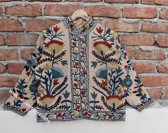 Suzani Embroidery Cotton Jacket Women Wear Front Open HandMade Vintage summer winter Jacket , Coats , New Style, Boho double side wear