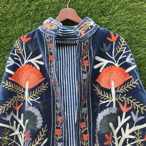 Green Embroidery floral Jackets Velvet inner Cotton Bohemian Style Winter Coat Street wear Bomber Boho Reversible Jacket for Women fashion image 6