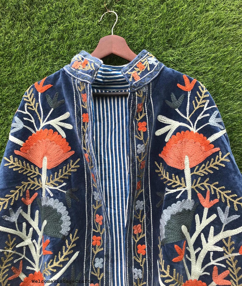 Green Embroidery floral Jackets Velvet inner Cotton Bohemian Style Winter Coat Street wear Bomber Boho Reversible Jacket for Women fashion image 6