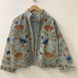 Green Embroidery floral Jackets Velvet inner Cotton Bohemian Style Winter Coat Street wear Bomber Boho Reversible Jacket for Women fashion Gray