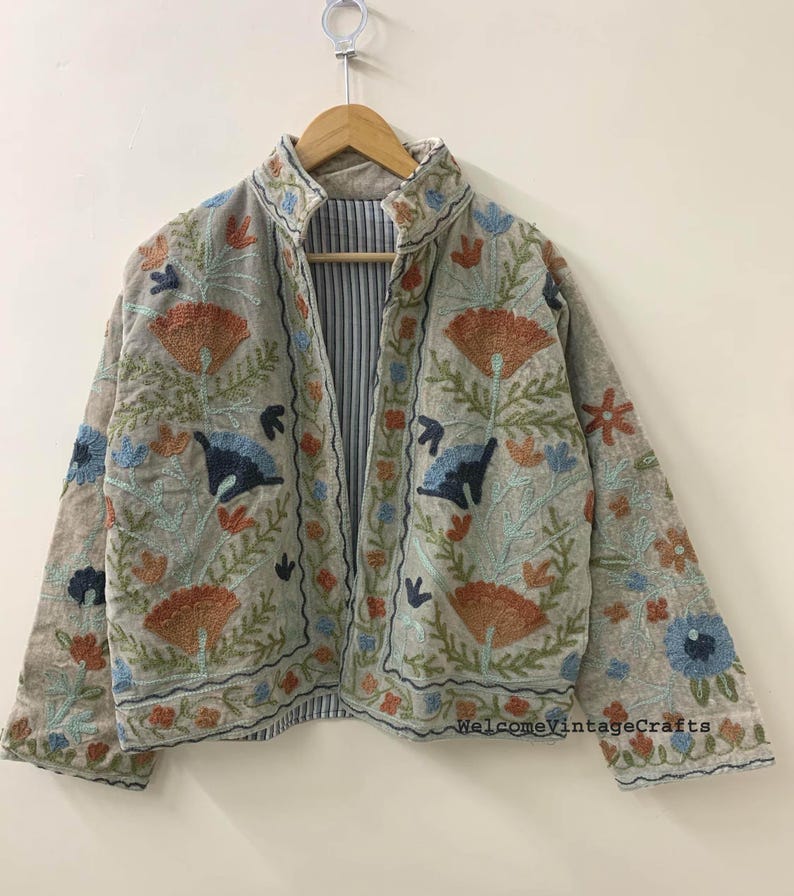 Green Embroidery floral Jackets Velvet inner Cotton Bohemian Style Winter Coat Street wear Bomber Boho Reversible Jacket for Women fashion Gray