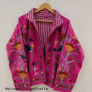 Green Embroidery floral Jackets Velvet inner Cotton Bohemian Style Winter Coat Street wear Bomber Boho Reversible Jacket for Women fashion Pink