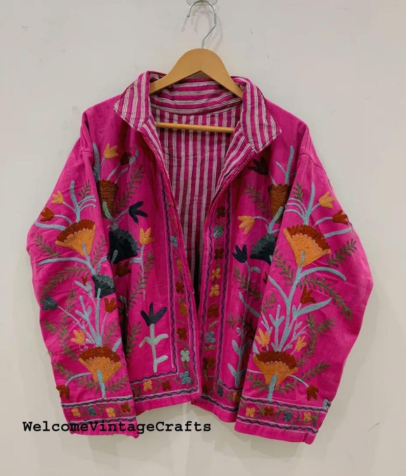 Green Embroidery floral Jackets Velvet inner Cotton Bohemian Style Winter Coat Street wear Bomber Boho Reversible Jacket for Women fashion Pink
