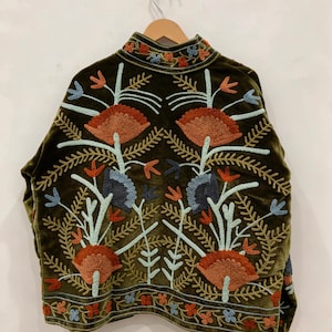 Green Embroidery floral Jackets Velvet inner Cotton Bohemian Style Winter Coat Street wear Bomber Boho Reversible Jacket for Women fashion image 2