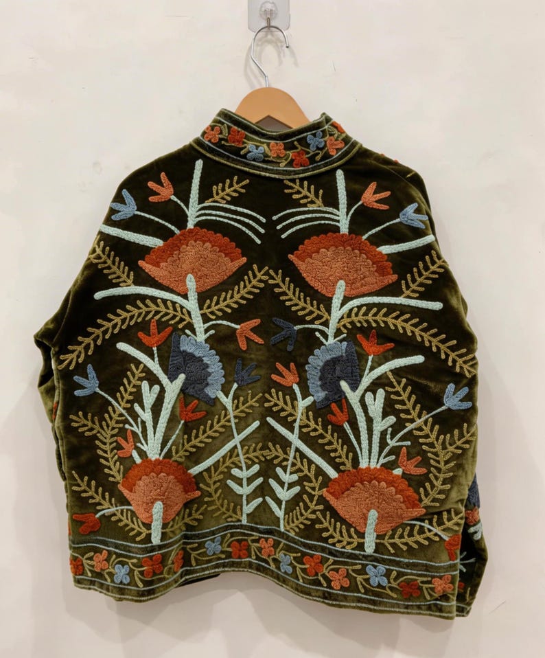 Green Embroidery floral Jackets Velvet inner Cotton Bohemian Style Winter Coat Street wear Bomber Boho Reversible Jacket for Women fashion image 2