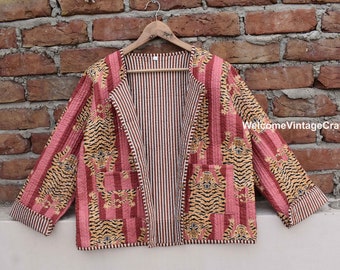 Pfirsich Tiger Baumwolle gesteppte Jacke Weste Frauen Front Offen Kimono Streifen Paspeln Handgefertigte Vintage Steppjacke, Mäntel doppelseitig Reversible