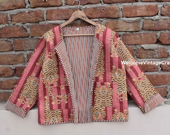 Pfirsich Tiger Baumwolle gesteppte Jacke Weste Frauen Front Offen Kimono Streifen Paspeln Handgefertigte Vintage Steppjacke, Mäntel doppelseitig Reversible