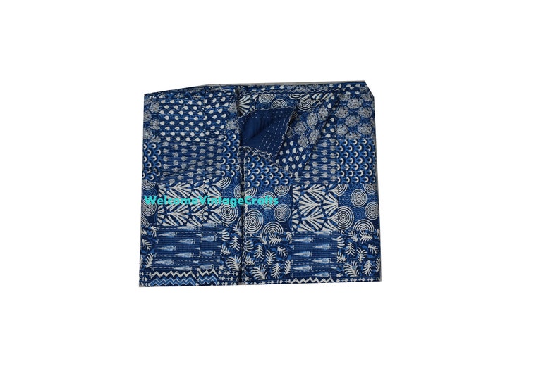 Patchwork Quilt Indigo block print Kantha Quilt Handblock kantha King Size Cotton Blanket Kantha Beach Throw Bedcover Bedsheet Queen throw