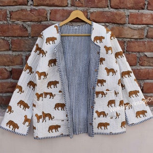 Cotton Quilted Jacket Women Wear Front Open Kimono Stripe piping HandMade Vintage Quilted Jacket , Coats , New Style, Boho double side wear