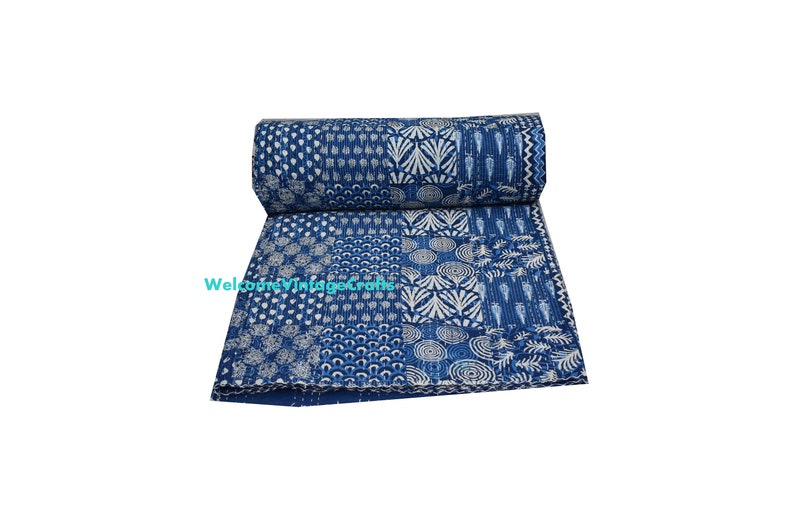 Patchwork Quilt Indigo block print Kantha Quilt Handblock kantha King Size Cotton Blanket Kantha Beach Throw Bedcover Bedsheet Queen throw