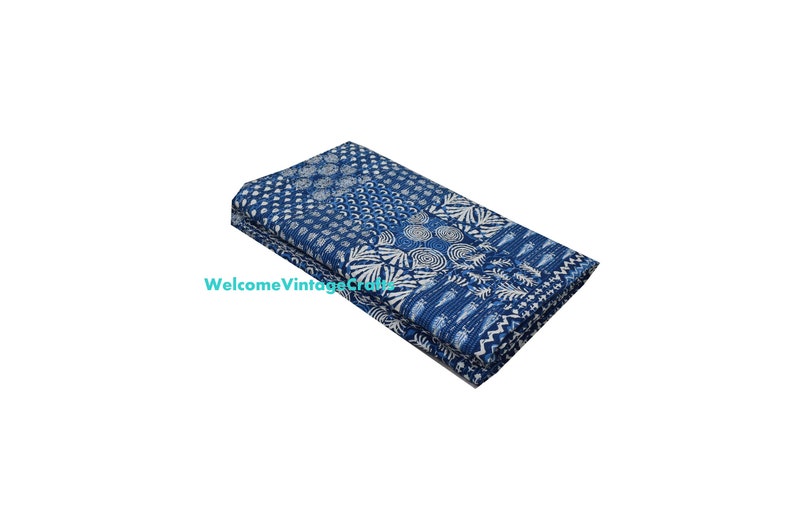 Patchwork Quilt Indigo block print Kantha Quilt Handblock kantha King Size Cotton Blanket Kantha Beach Throw Bedcover Bedsheet Queen throw