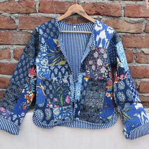 Giacca trapuntata in cotone da donna, con apertura frontale, kimono con profili a righe, giacca trapuntata vintage fatta a mano, cappotti, nuovo stile, doppio lato da indossare in stile boho