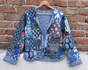 Cotton Quilted Jacket Women Wear Front Open Kimono Stripe piping HandMade Vintage Quilted Jacket , Coats , New Style, Boho double side wear