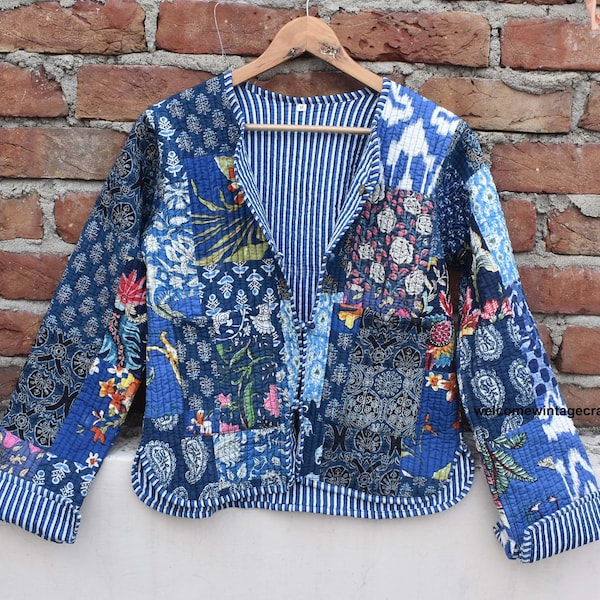 Cotton Quilted Jacket Women Wear Front Open Kimono Stripe piping HandMade Vintage Quilted Jacket , Coats , New Style, Boho double side wear