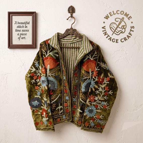 Green Embroidery floral Jackets Velvet inner Cotton Bohemian Style Winter Coat Street wear Bomber Boho Reversible Jacket for Women fashion