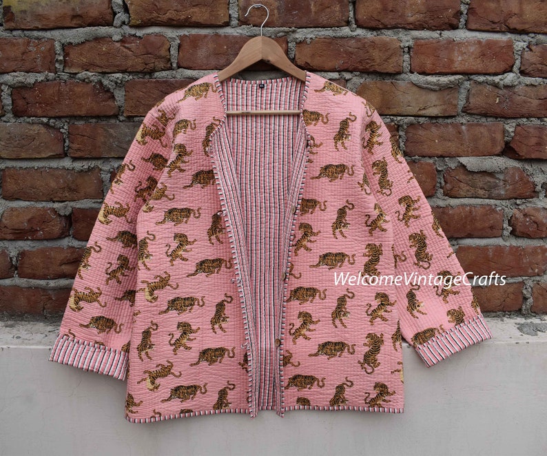 Cotton Quilted Jacket Women Wear Front Open Kimono Stripe piping HandMade Vintage Quilted Jacket , Coats , New Style, Boho double side wear pink tiger