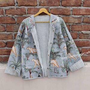 Cotton Quilted Jacket Women Wear Front Open Kimono Stripe piping HandMade Vintage Quilted Jacket , Coats , New Style, Boho double side wear