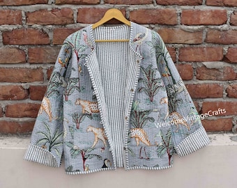 Cotton Quilted Jacket Women Wear Front Open Kimono Stripe piping HandMade Vintage Quilted Jacket , Coats , New Style, Boho double side wear