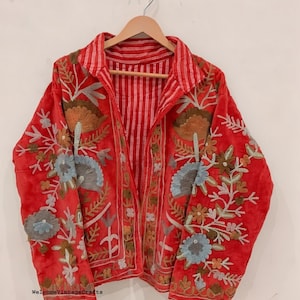 Green Embroidery floral Jackets Velvet inner Cotton Bohemian Style Winter Coat Street wear Bomber Boho Reversible Jacket for Women fashion Red