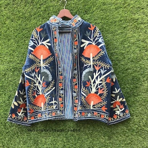 Green Embroidery floral Jackets Velvet inner Cotton Bohemian Style Winter Coat Street wear Bomber Boho Reversible Jacket for Women fashion Blue
