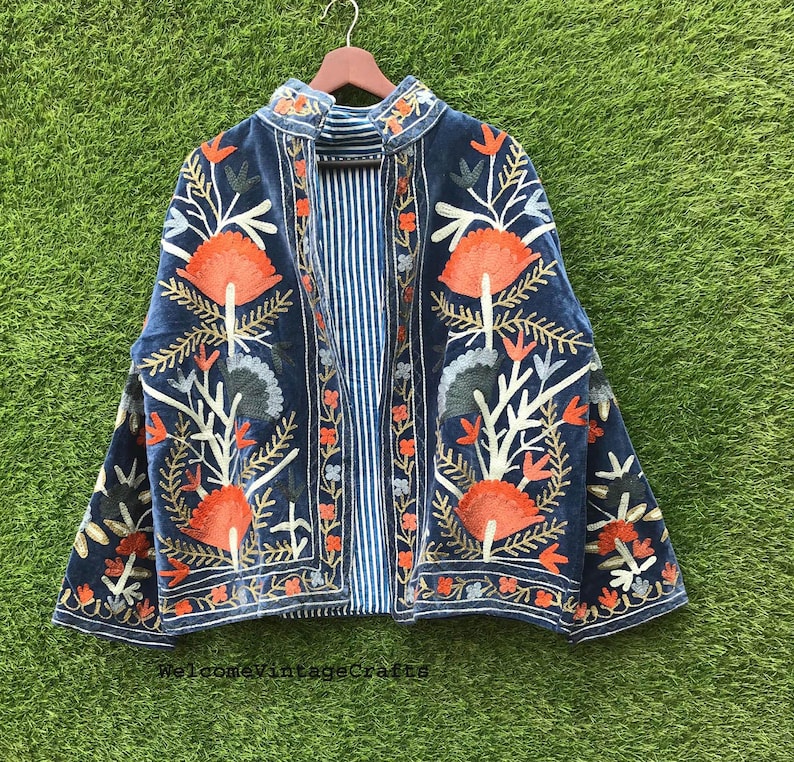 Green Embroidery floral Jackets Velvet inner Cotton Bohemian Style Winter Coat Street wear Bomber Boho Reversible Jacket for Women fashion Blue