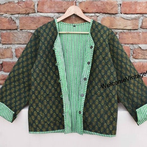 Cotton Quilted Jacket Women Wear Front Open Kimono Stripe piping HandMade Vintage Quilted Jacket , Coats , New Style, Boho double side wear Green small booty