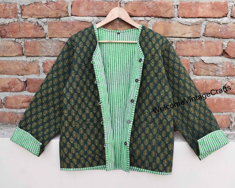 Cotton Quilted Jacket Women Wear Front Open Kimono Stripe piping HandMade Vintage Quilted Jacket , Coats , New Style, Boho double side wear Green small booty