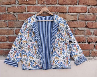 Cotton Quilted Jacket Women Wear Front Open Kimono Stripe piping HandMade Vintage Quilted Jacket , Coats , New Style, Boho double side wear