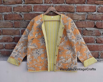 Gelbe Tigerstreifen Baumwoll-Steppjacke Frauen tragen Kimono-Paspeln Handgefertigte Vintage-Steppjacke, Mäntel, neuer Stil, Boho-Doppelseite tragen