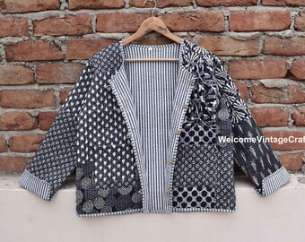 Schwarz Blau Patch Baumwolle Steppjacke Weste Damen vorne offen Kimono Streifen handgemachte Vintage Steppjacke, Mäntel doppelseitig wendbar