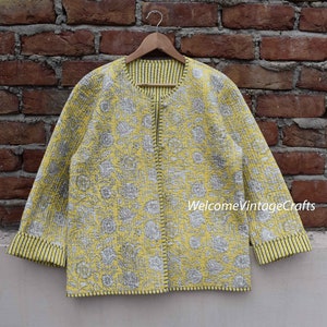 Cotton Quilted Jacket Women Wear Front Open Kimono Stripe piping HandMade Vintage Quilted Jacket , Coats , New Style, Boho double side wear Żółty