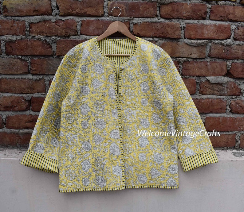 Cotton Quilted Jacket Women Wear Front Open Kimono Stripe piping HandMade Vintage Quilted Jacket , Coats , New Style, Boho double side wear Żółty