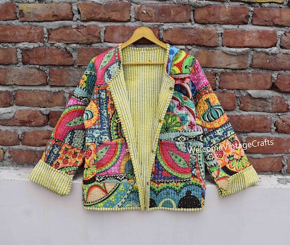 Cotton Quilted Jacket Women Wear Front Open Kimono Stripe piping HandMade Vintage Quilted Jacket , Coats , New Style, Boho double side wear