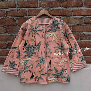 Animal Quilted Jacket Women Wear Front Open Kimono Stripe piping HandMade Vintage Quilted Jacket , Coats , New Style, Boho double side wear
