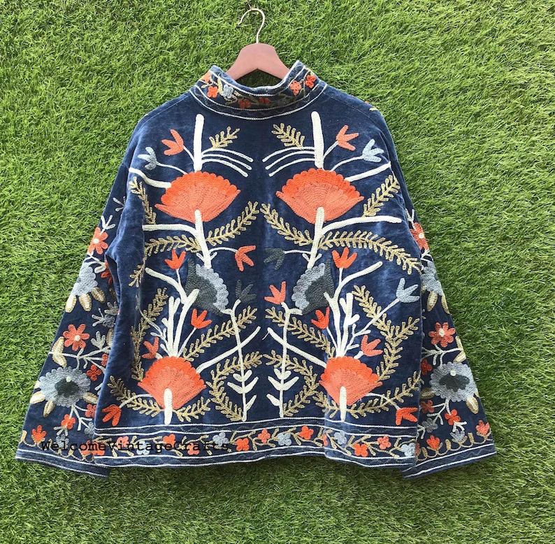 Green Embroidery floral Jackets Velvet inner Cotton Bohemian Style Winter Coat Street wear Bomber Boho Reversible Jacket for Women fashion image 4